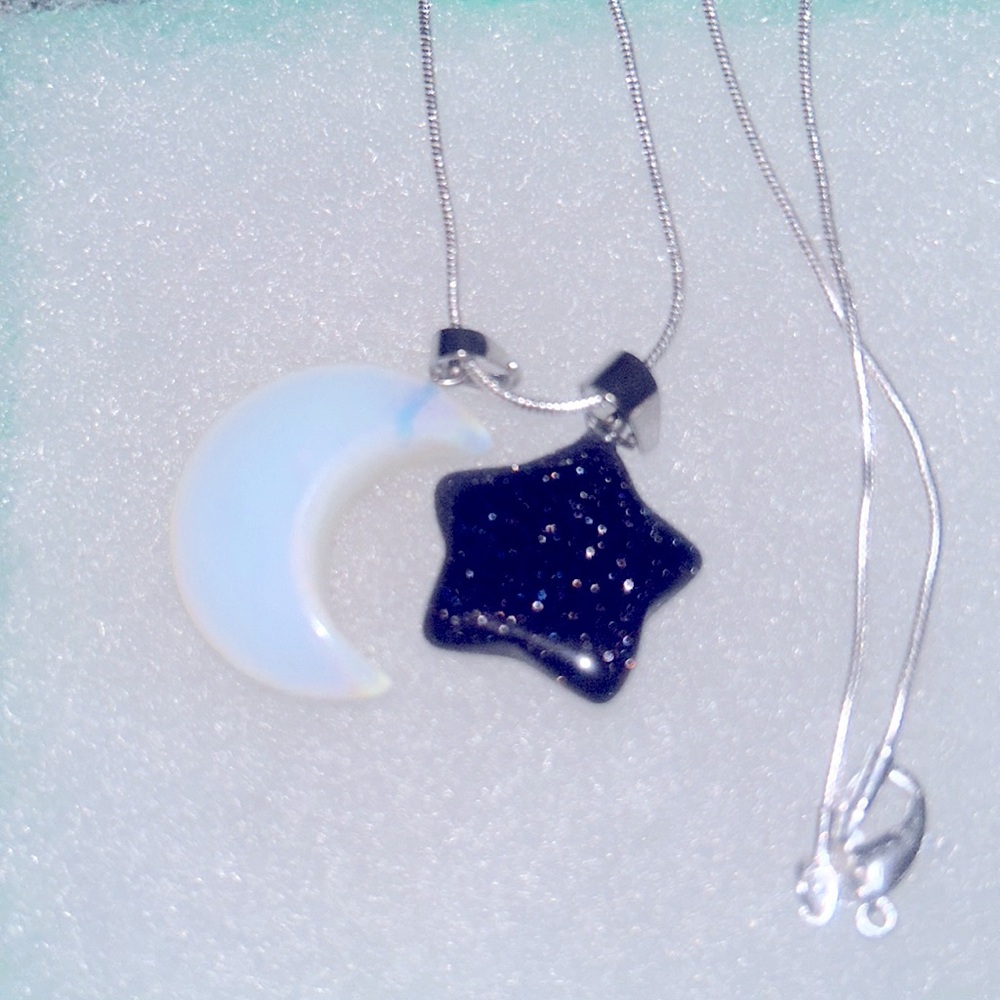 Boho Hippie Natural Blue Goldstone Star & Opal Moon Silver 24” Ne… - Picture 4 of 6